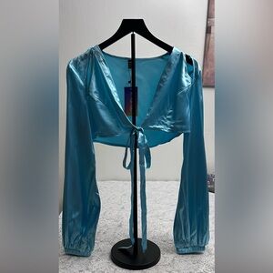 Shein Satin Tie Front Crop Top Aqua Blue Long Sleeve NWT